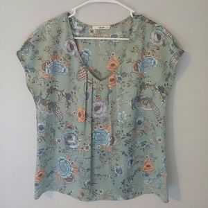 Flower/peacock print shirt sleeve blouse
